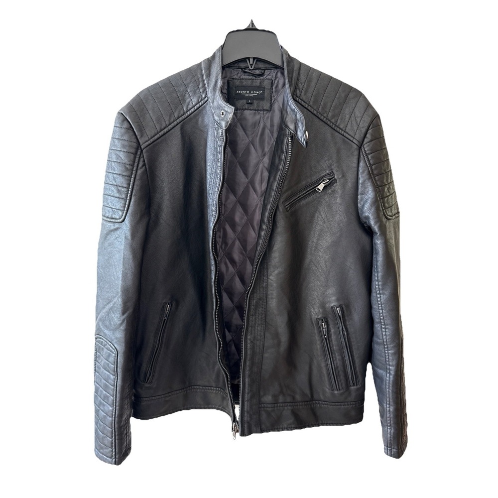 Pronto Uomo Jacket‎ Mens Large Black Moto Biker Full Zip Quilted Pockets Angelo